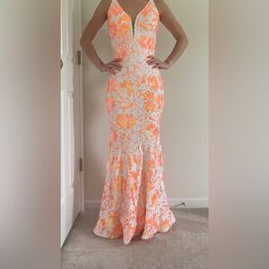 Jovani Coral & White Sequin Floral Prom Dress style 08257